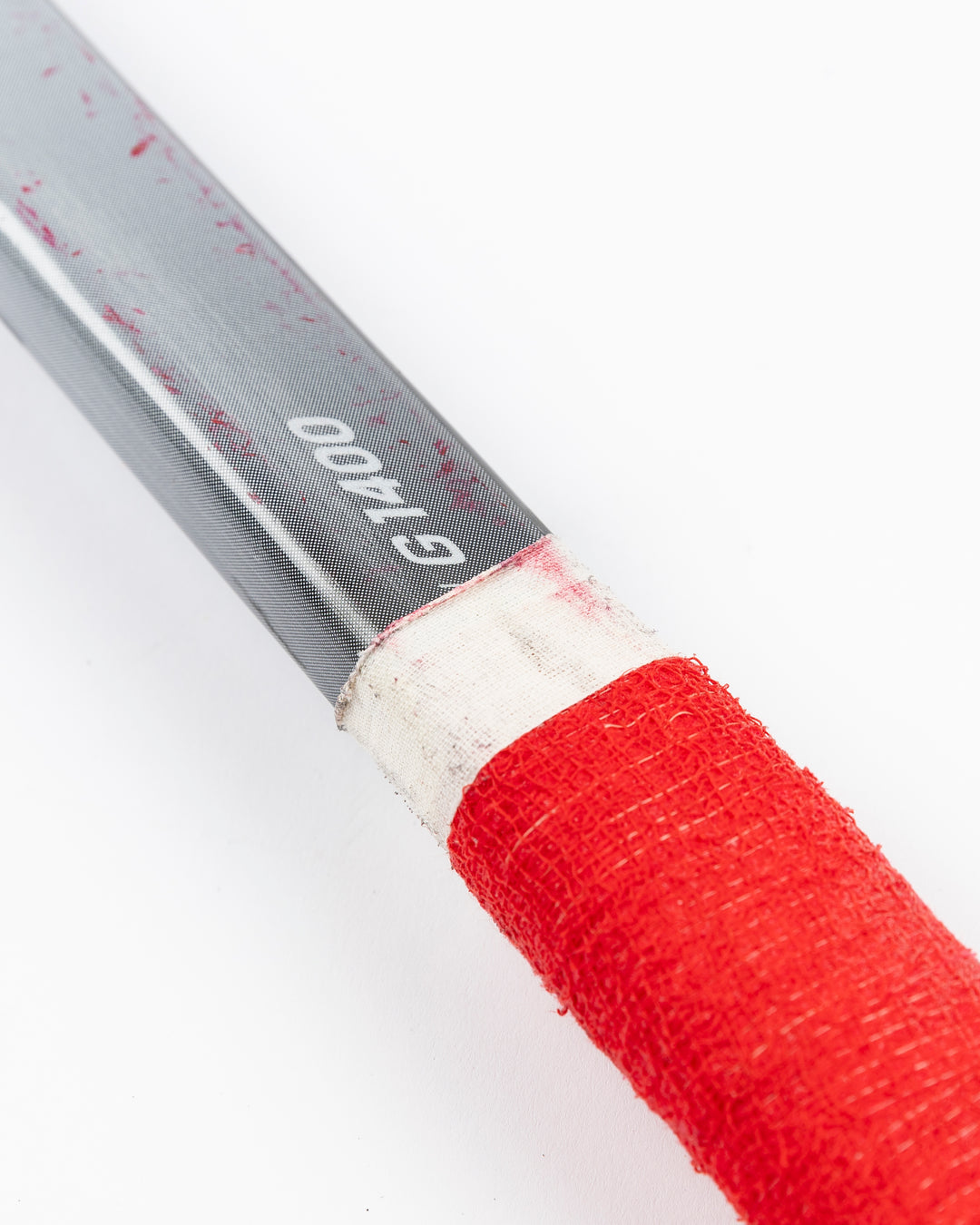 Warrior hockey stick used by Chicago Blackhawks goalie Petr Mrazek - tape detail lay flat