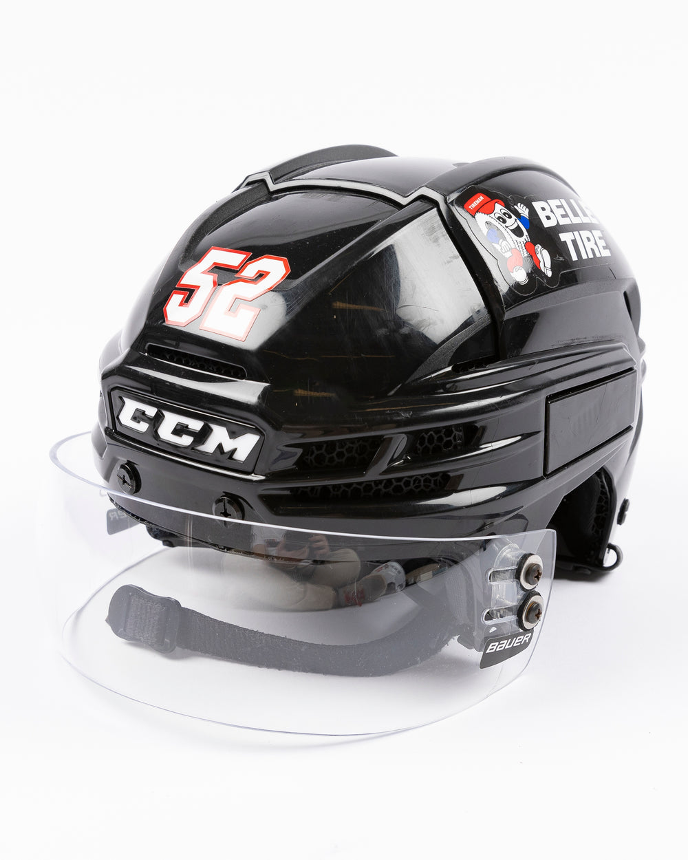 black CCM hockey helmet worn by Chicago Blackhawks player Reese Johnson - right angle lay flat