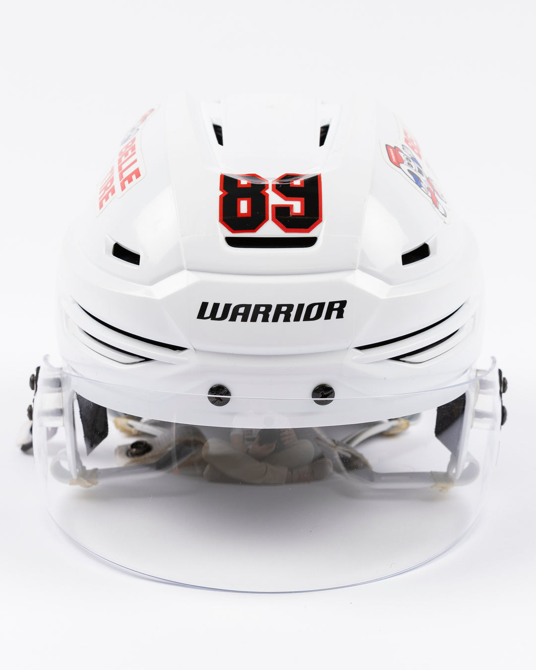 white Warrior hockey helmet worn by Chicago Blackhawks player Andreas Athanasiou - front lay flat