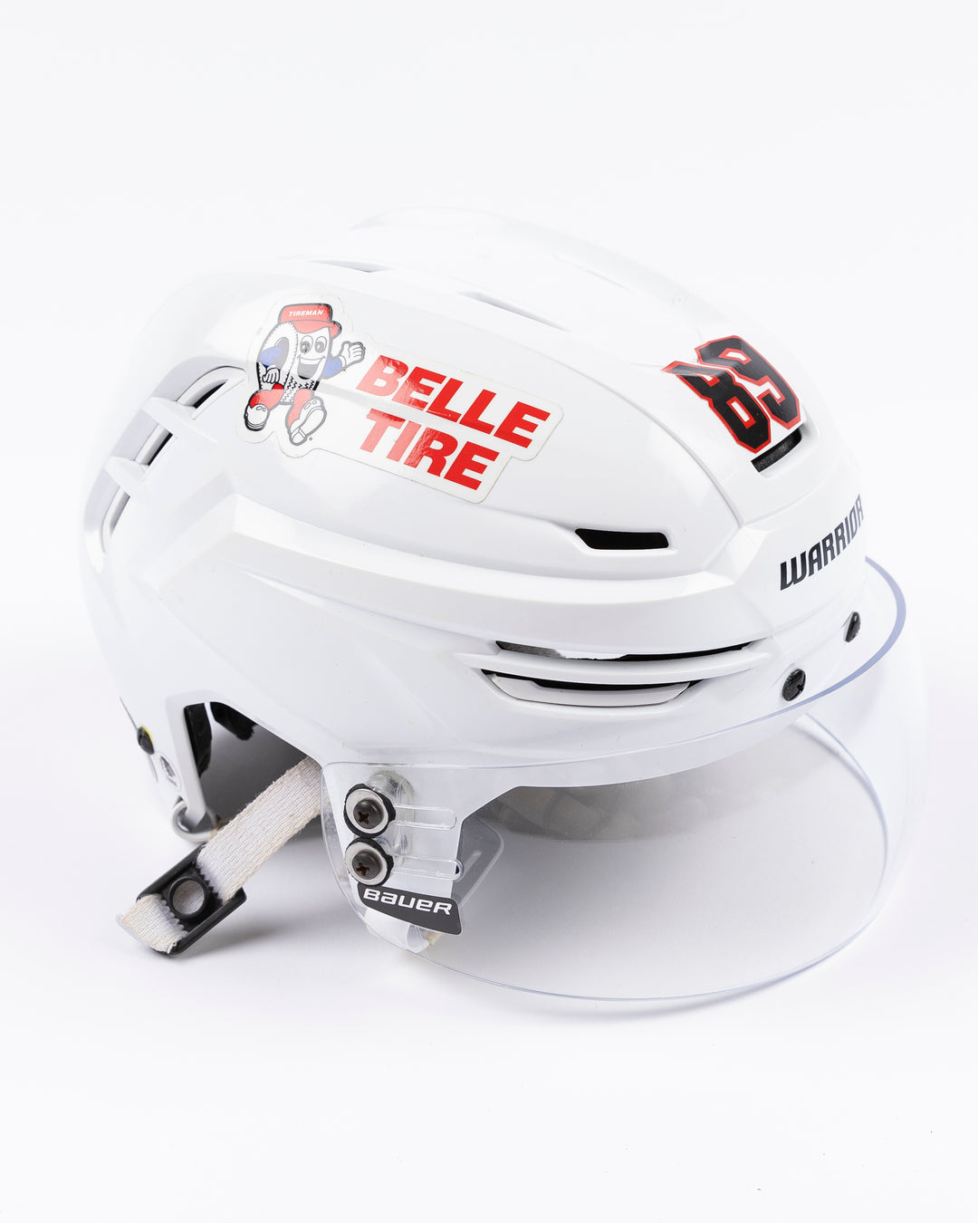 white Warrior hockey helmet worn by Chicago Blackhawks player Andreas Athanasiou - right angle  lay flat