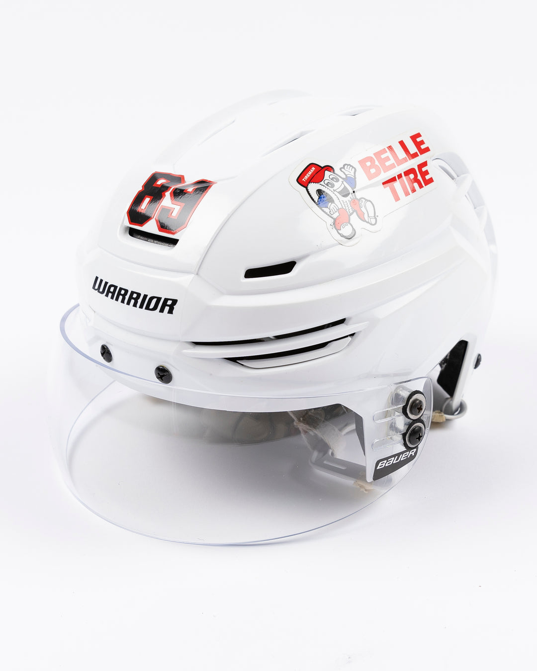 white Warrior hockey helmet worn by Chicago Blackhawks player Andreas Athanasiou - left angle lay flat