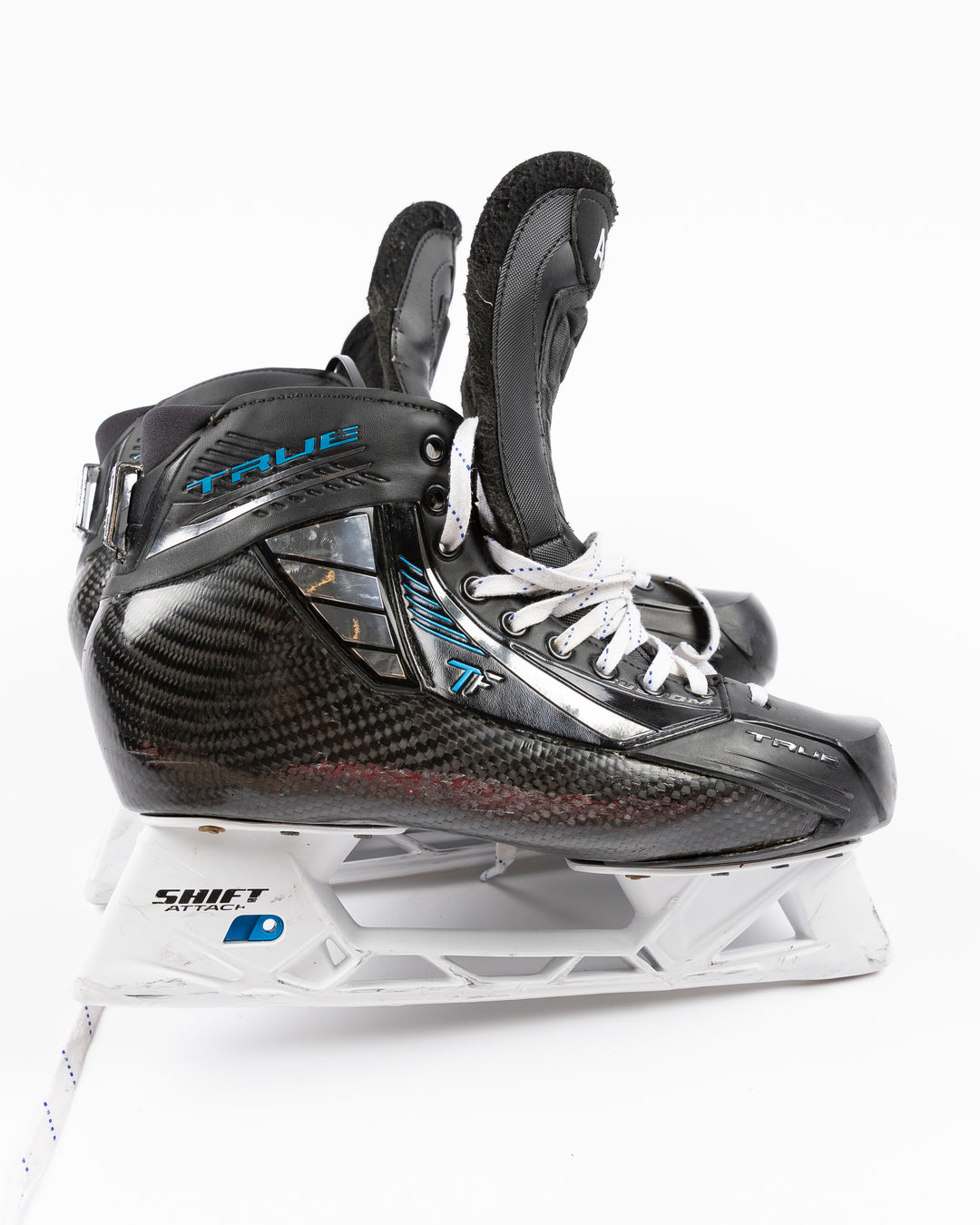 TRUE brand hockey skates worn and used by Chicago Blackhawks player Arvid Soderblom - side lay flat