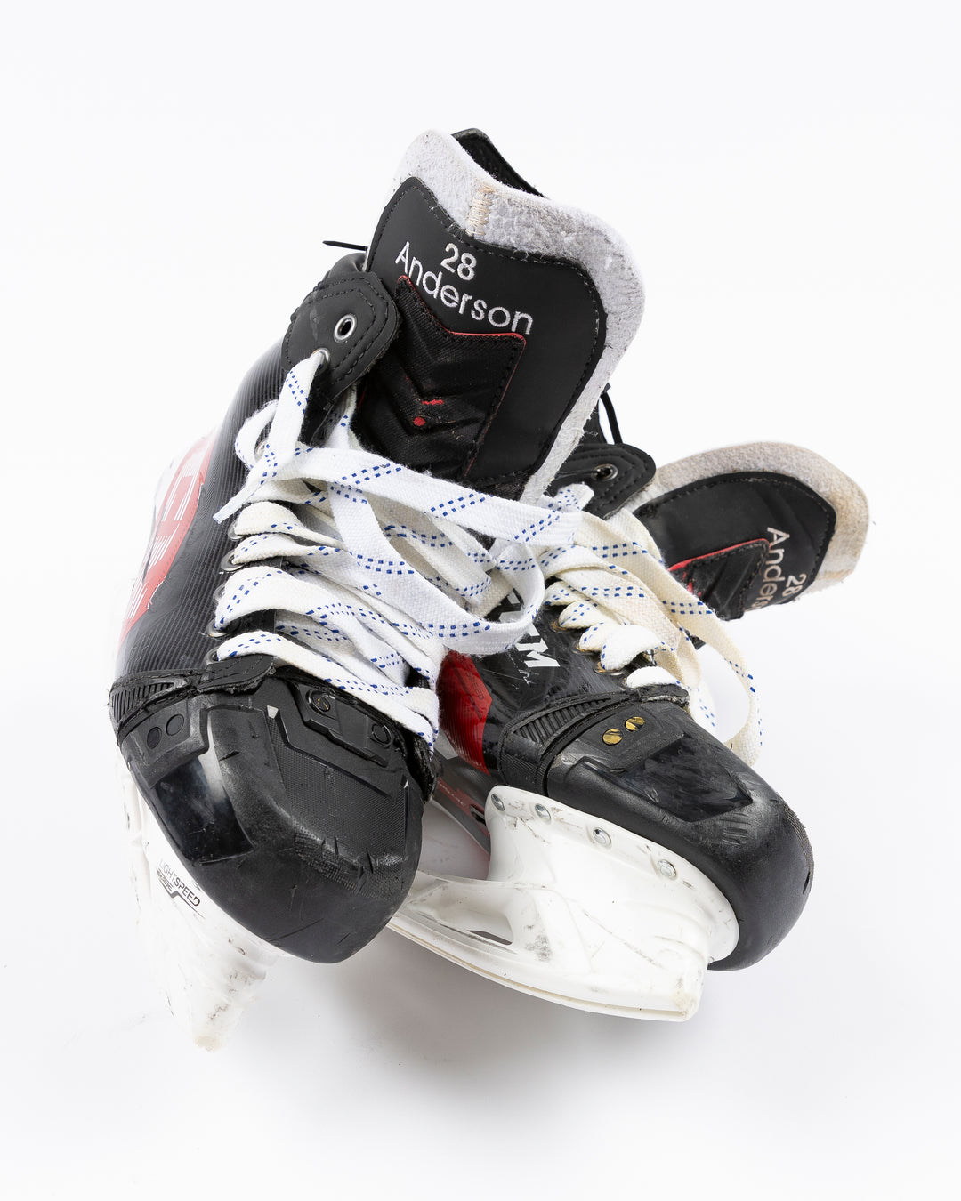 black CCM hockey skates worn by Chicago Blackhawks player Joey Anderson - front lay flat