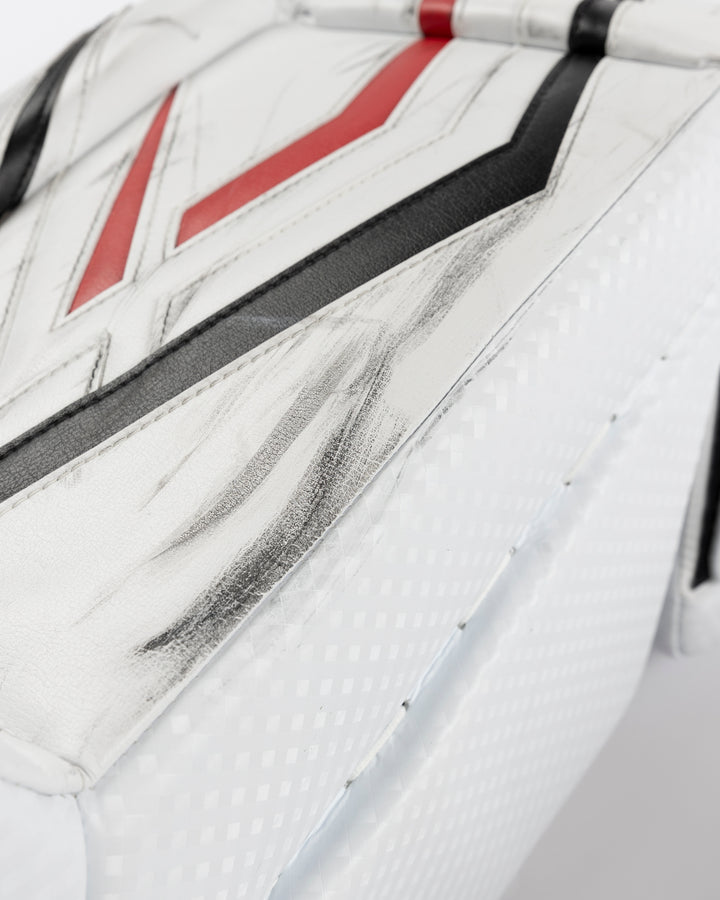 white Vaughn goalie pads used by Chicago Blackhawks goalie Petr Mrazek - alt scuff detail lay flat