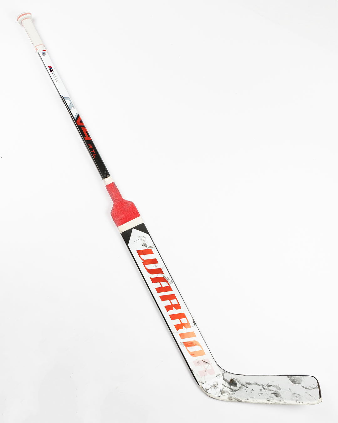 Warrior brand hockey stick used by Chicago Blackhawks goalie Petr Mrazek - front lay flat