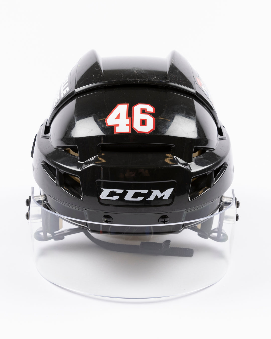 black CCM hockey helmet used by Chicago Blackhawks player Louis Crevier - front lay flat