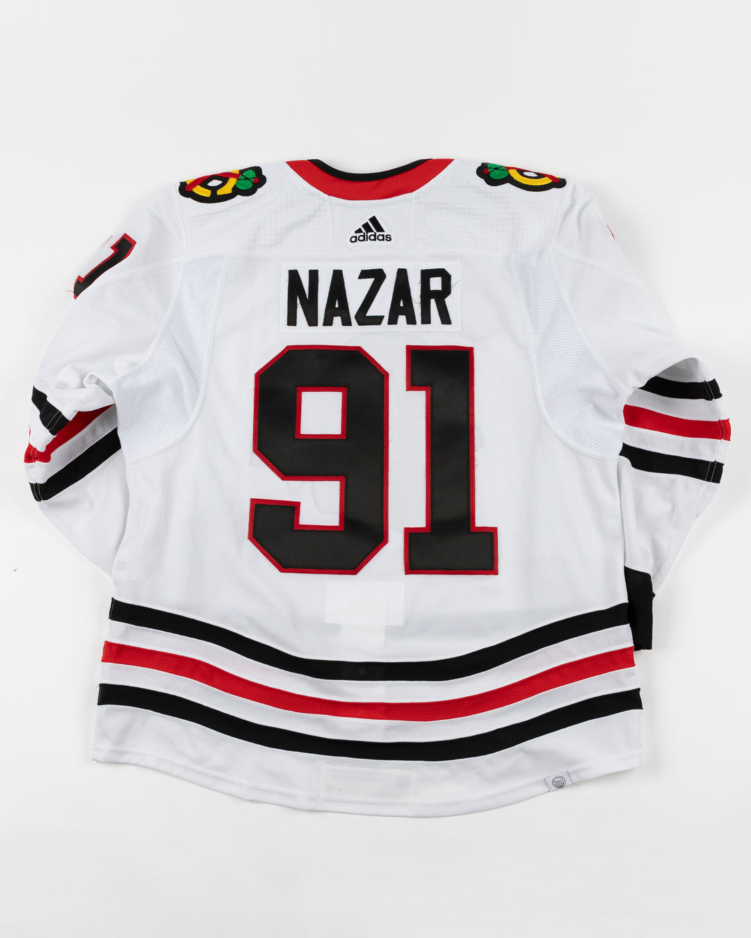 white adidas Chicago Blackhawks away jersey game used by Frank Nazar - back lay flat