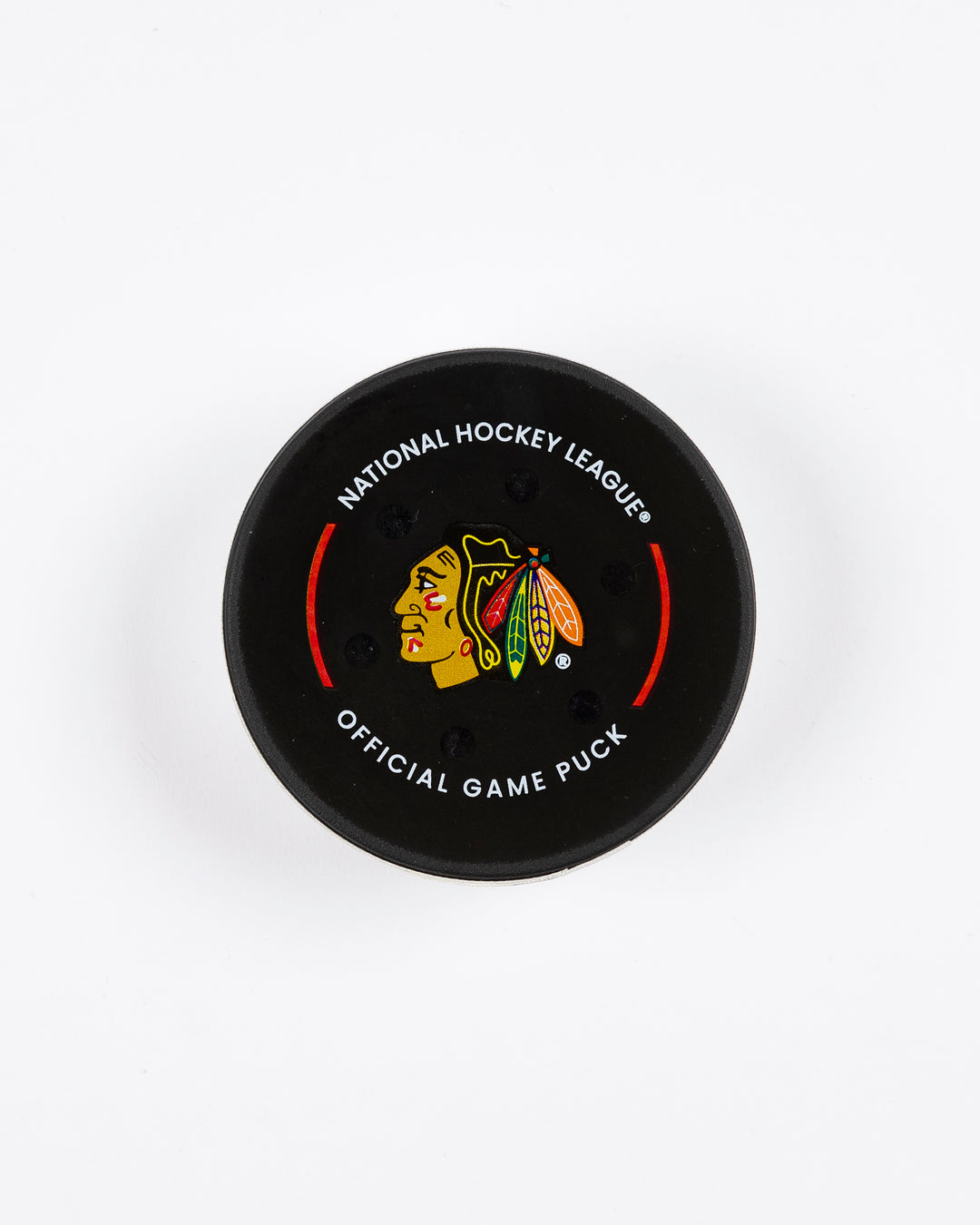 February 2025 official Chicago Blackhawks game-used hockey puck - front lay flat