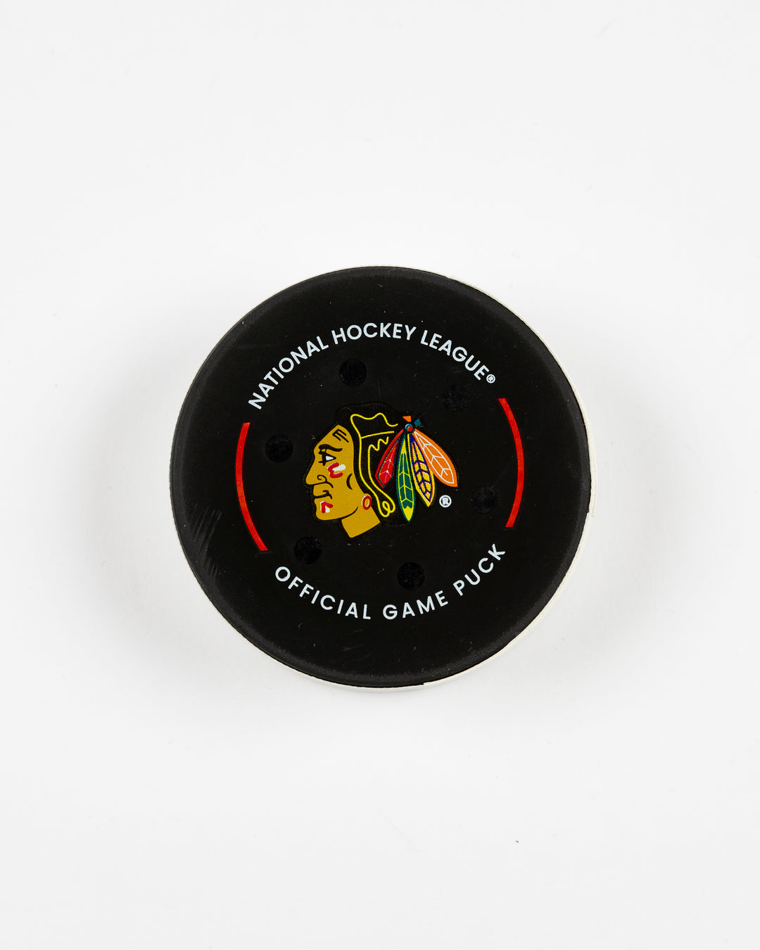 official Chicago Blackhawks game-used puck used in February of 2025 - front lay flat