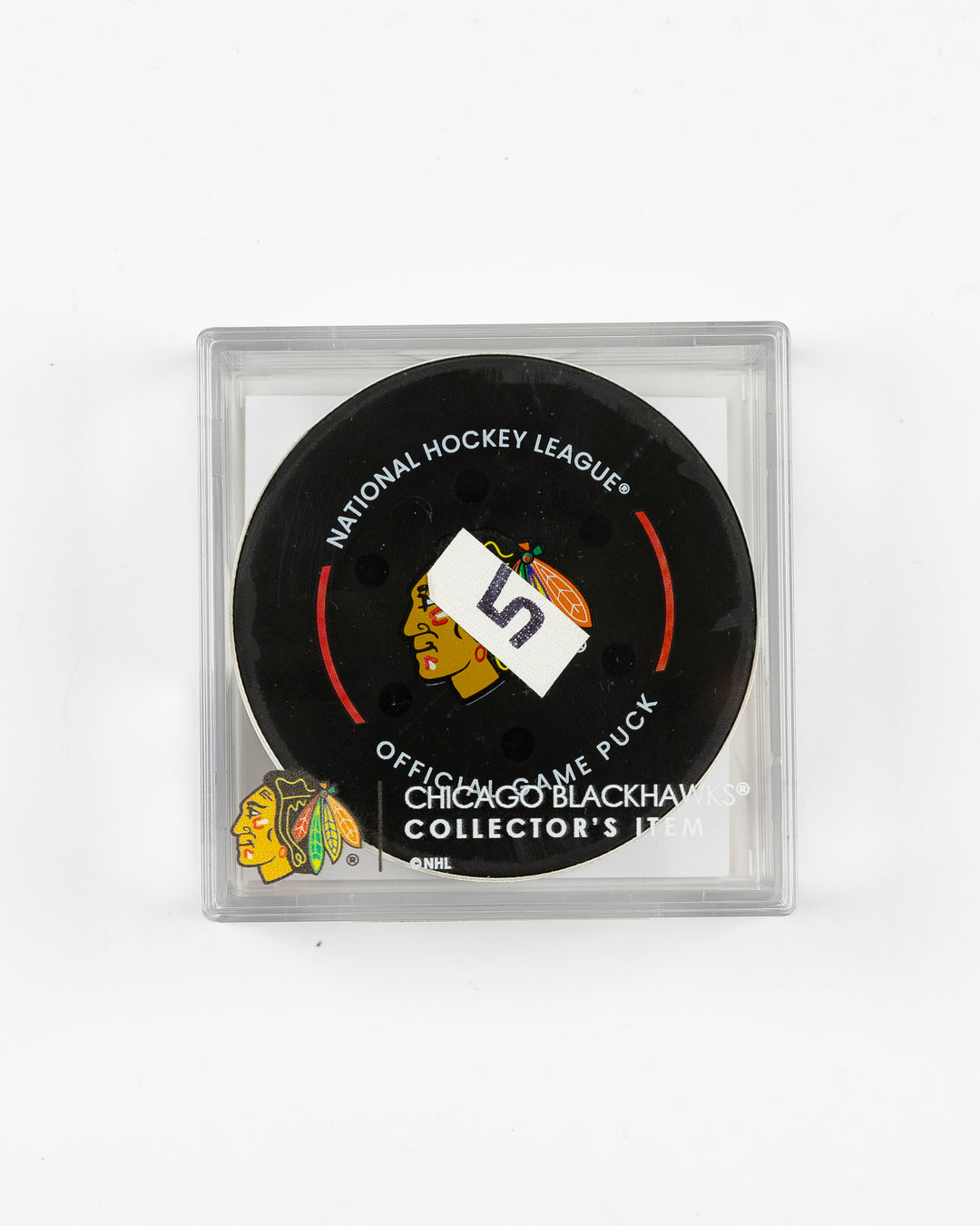 official Chicago Blackhawks game-used goal hockey puck scored by Ryan Donato against the Edmonton Oilers on February 5, 2025 - front lay flat in case