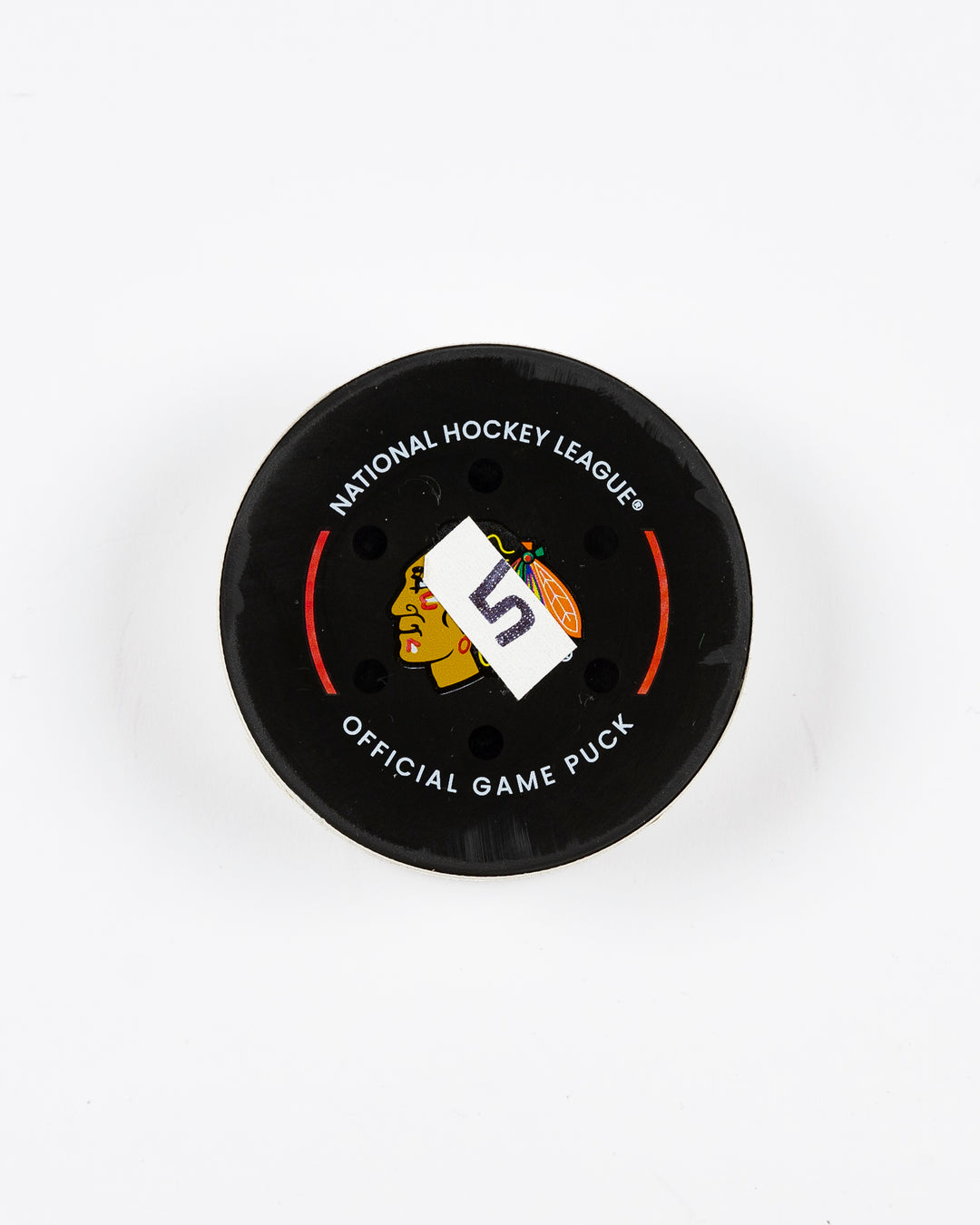 official Chicago Blackhawks game-used goal hockey puck scored by Ryan Donato against the Edmonton Oilers on February 5, 2025 - front lay flat