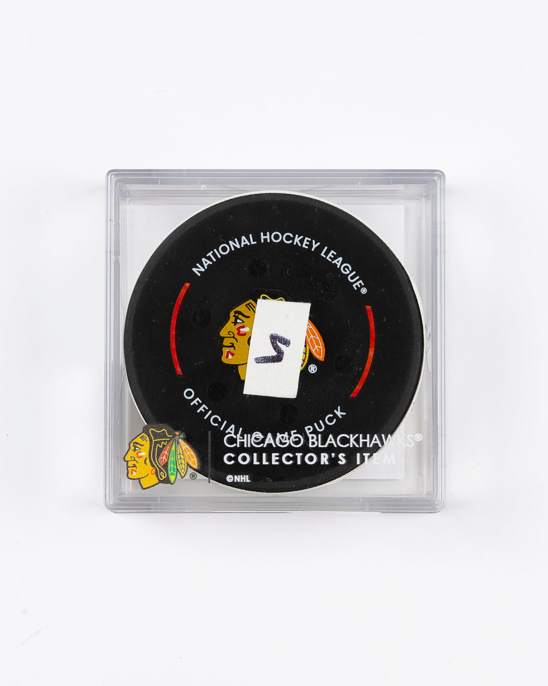 official Chicago Blackhawks game-used goal puck scored by Philipp Kurashev against the Toronto Maple Leaves on February 23, 2025 - front lay flat puck in case