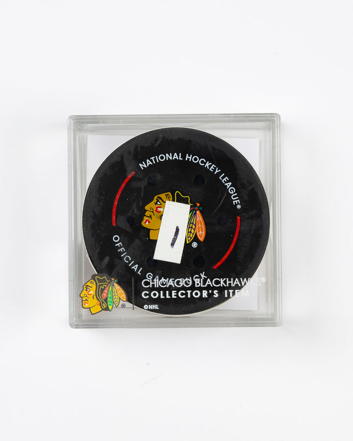 official Chicago Blackhawks game-used goal puck scored by Frank Nazar on February 7, 2025 against Nashville Predators - front lay flat in case