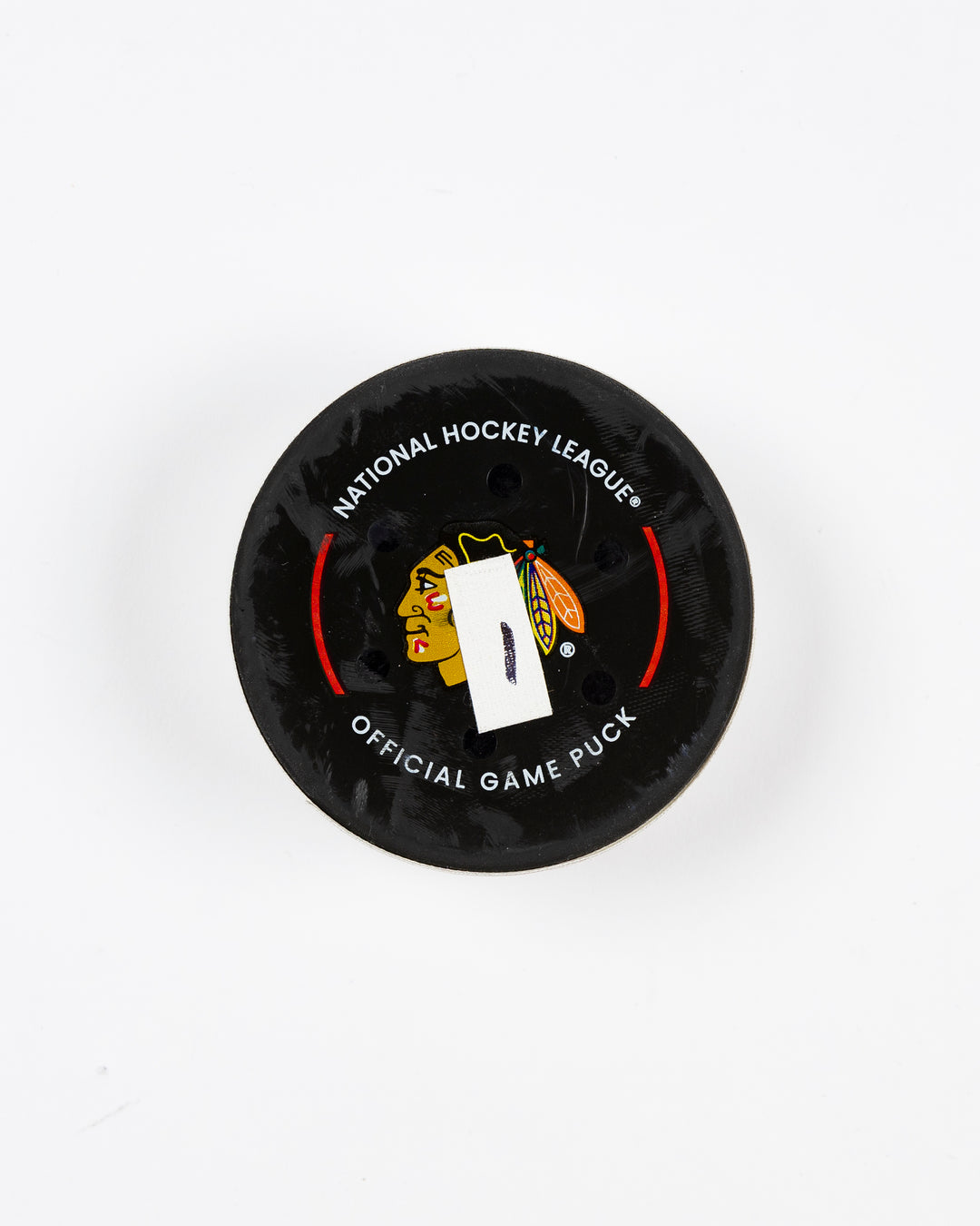 official Chicago Blackhawks game-used goal puck scored by Frank Nazar on February 7, 2025 against Nashville Predators - front lay flat