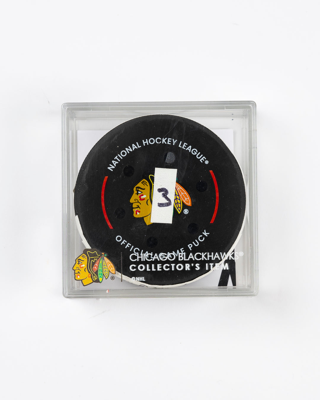 official Chicago Blackhawks game-used goal puck scored by Pat Maroon on February 7, 2025 against the Edmonton Oilers - front lay flat of puck in case