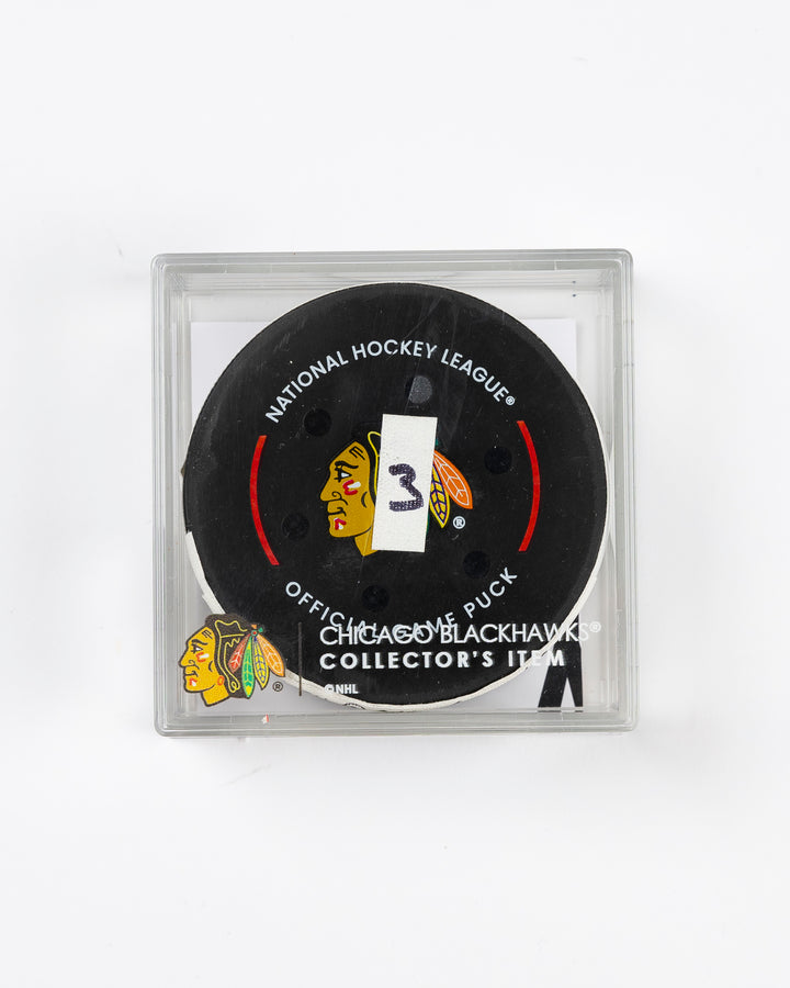 official Chicago Blackhawks game-used goal puck scored by Pat Maroon on February 7, 2025 against the Edmonton Oilers - front lay flat of puck in case