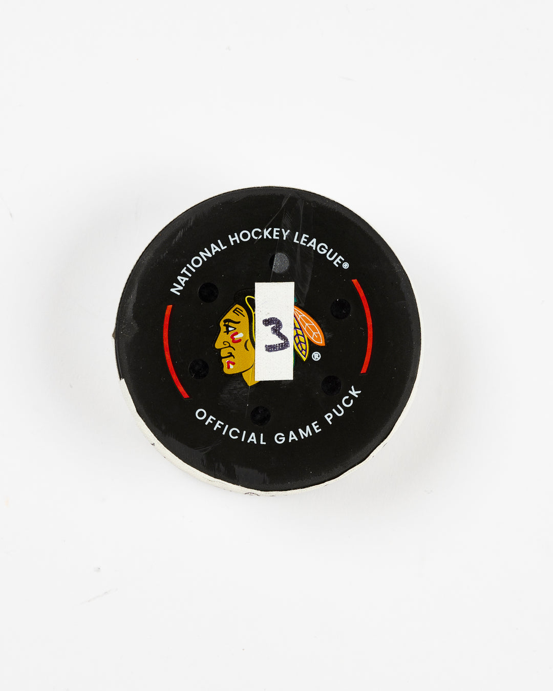 official Chicago Blackhawks game-used goal puck scored by Pat Maroon on February 7, 2025 against the Edmonton Oilers - front lay flat