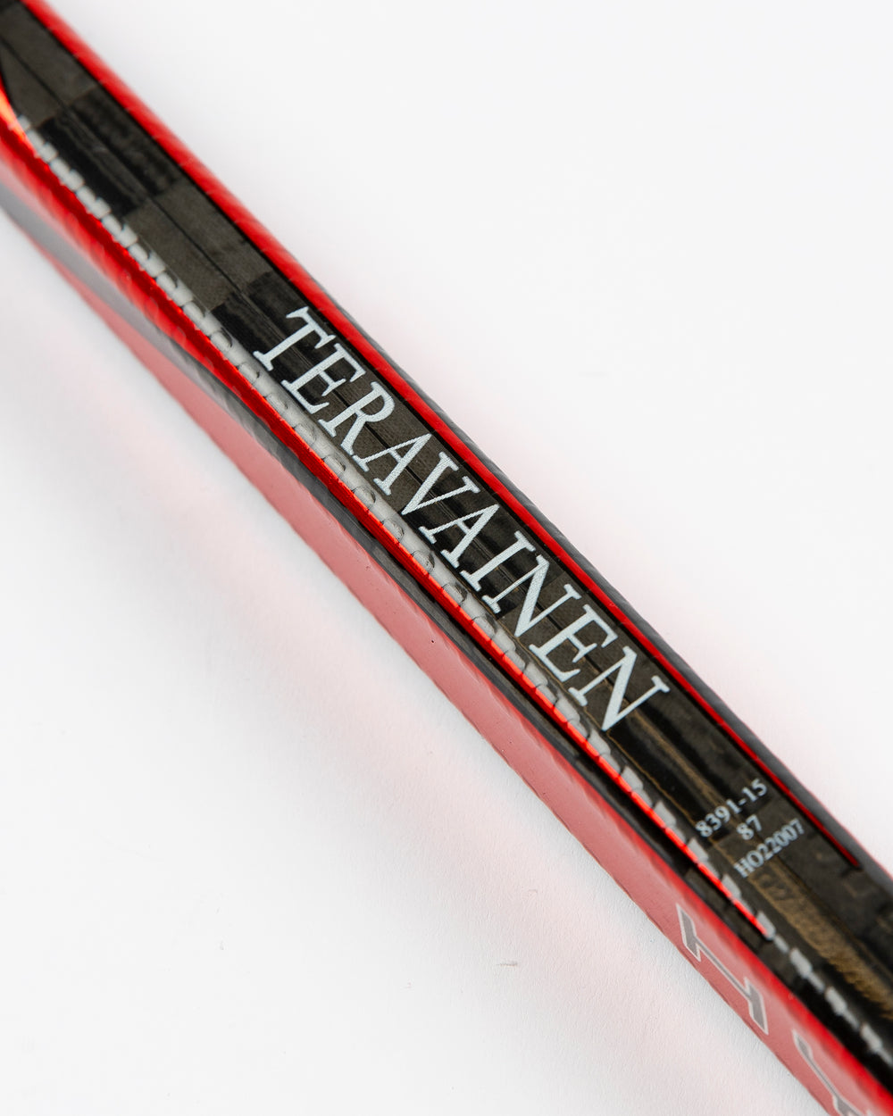 Bauer hockey stick used by Chicago Blackhawks player Teuvo Teravainen - name detail lay flat