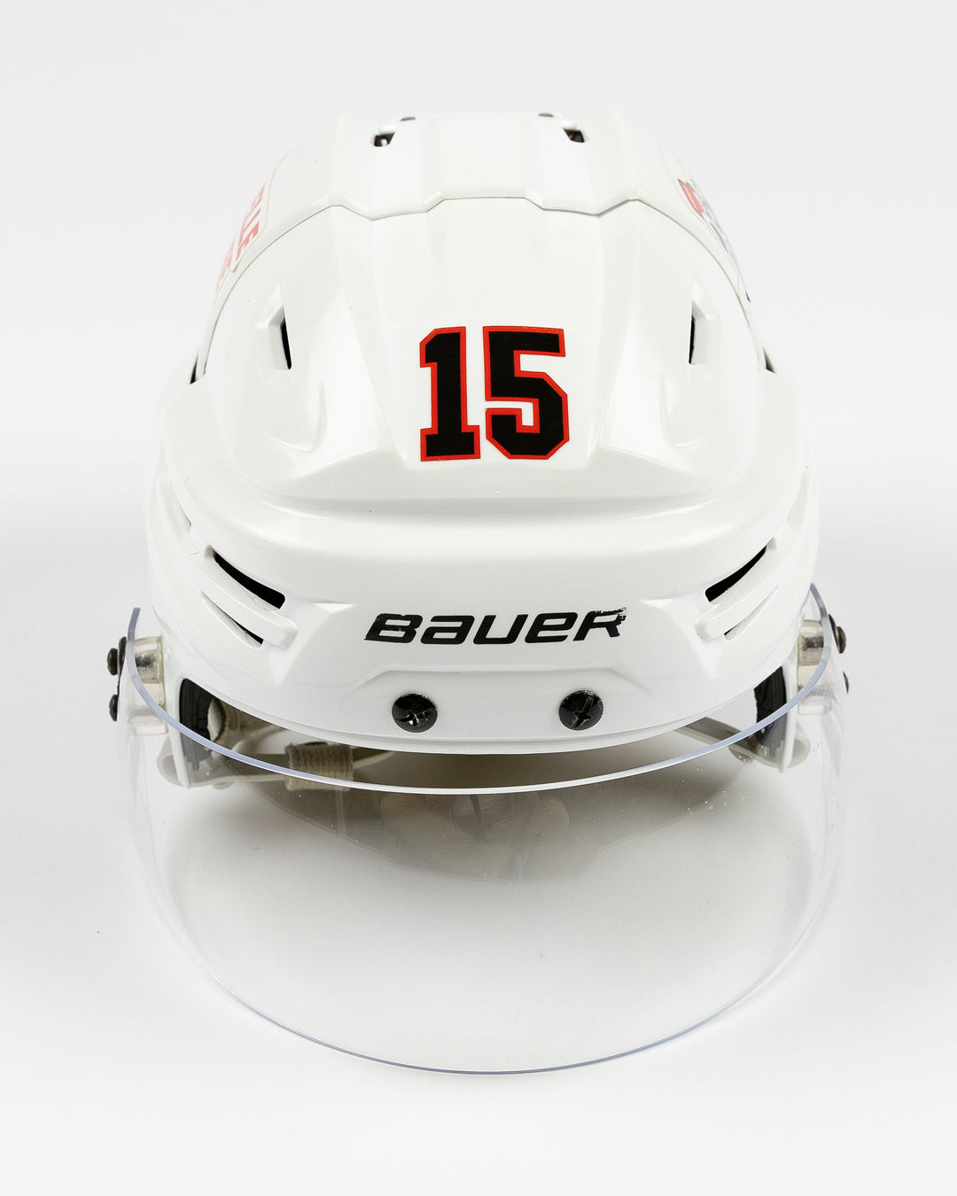 white Bauer hockey helmet used by Chicago Blackhawks player Craig Smith - front lay flat