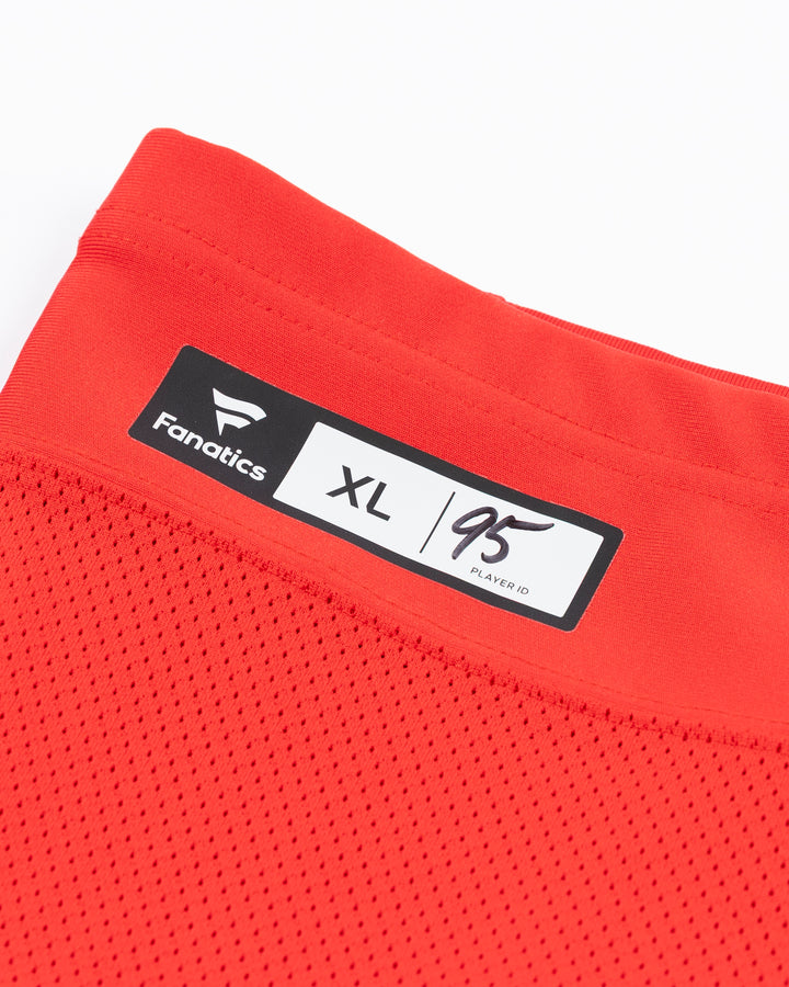 red adidas hockey socks used by Chicago Blackhawks player Ilya Mikheyev - size tag detail lay flat