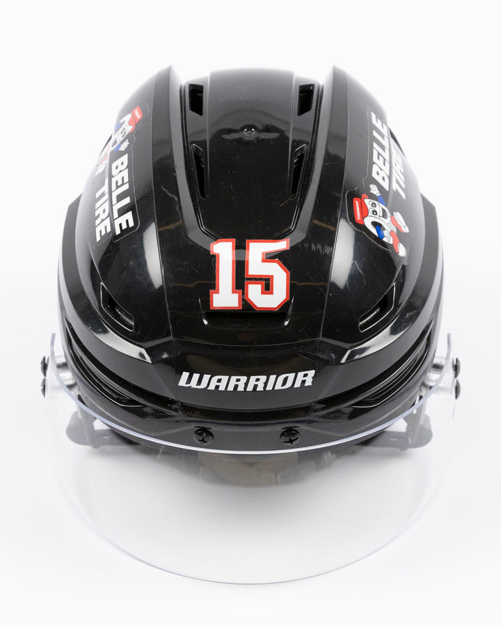 black Warrior brand hockey helmet used by Chicago Blackhawks player Joey Anderson - front lay flat