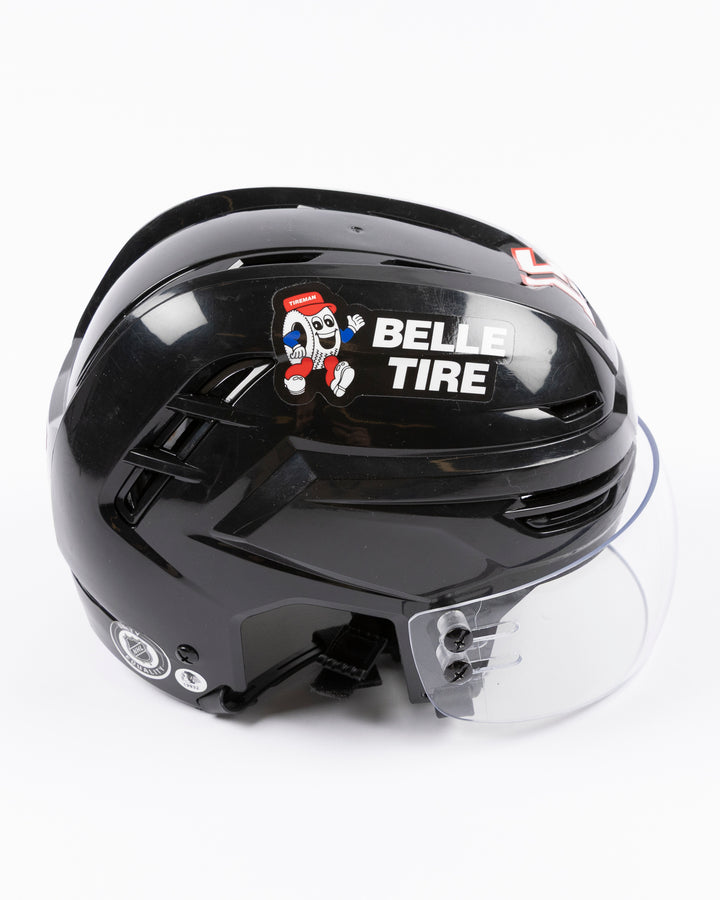 black Warrior brand hockey helmet used by Chicago Blackhawks player Joey Anderson - right side lay flat