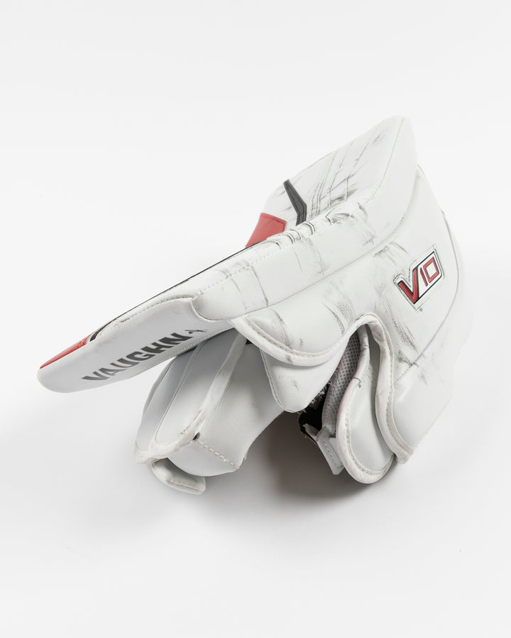 white Vaughn goalie blocker used by Chicago Blackhawks goalie Petr Mrazek - alt detail lay flat