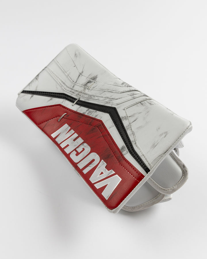 white Vaughn goalie blocker used by Chicago Blackhawks goalie Petr Mrazek - front lay flat