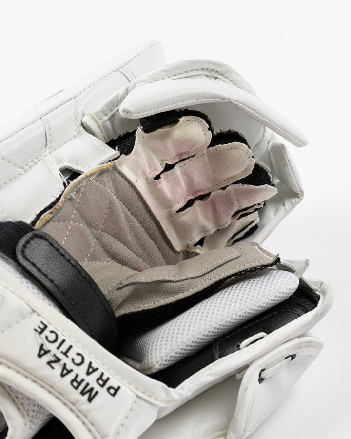 white Vaughn goalie blocker used by Chicago Blackhawks goalie Petr Mrazek - palm detail lay flat