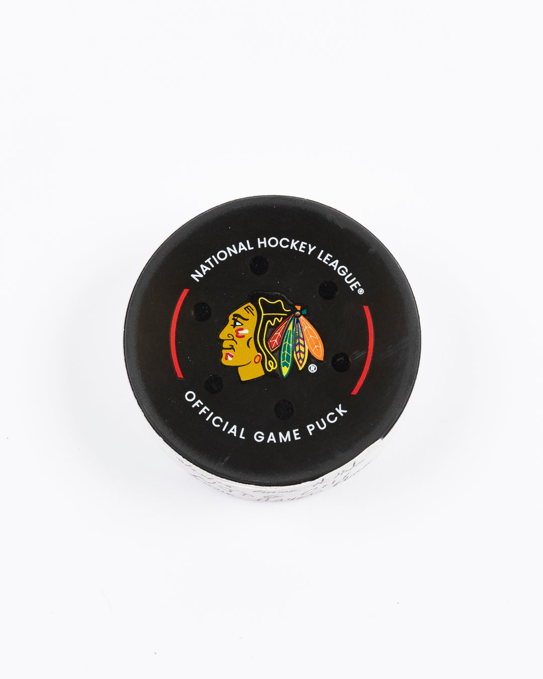 official Chicago Blackhawks hockey puck used in game against the New Jersey Devils on 3/26/25 - front lay flat