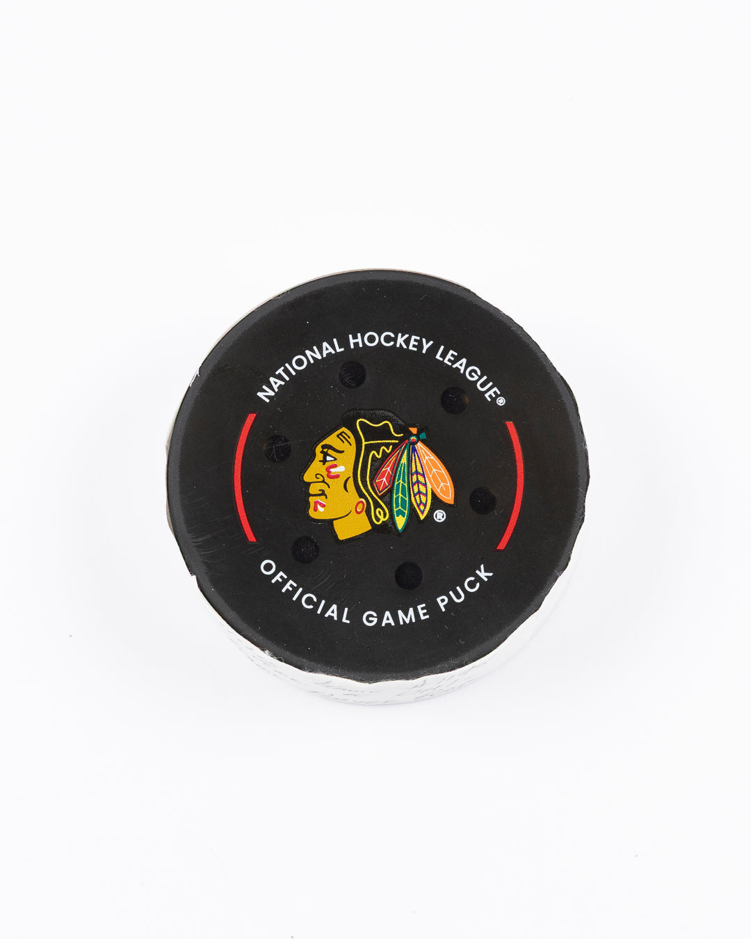 official Chicago Blackhawks hockey puck used in game against the Colorado Avalanche on 4/2/25 - front lay flat
