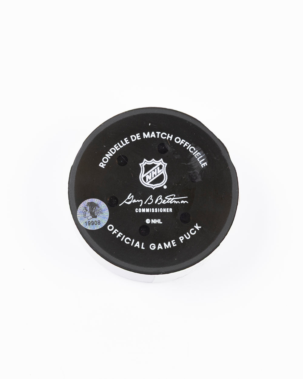 official Chicago Blackhawks hockey puck used in game against the Colorado Avalanche on 4/2/25 - back lay flat