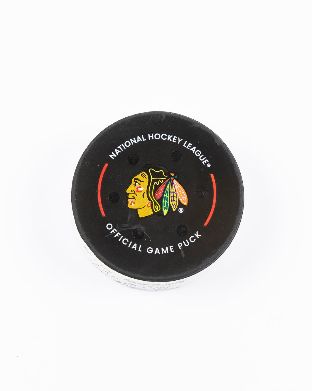 official Chicago Blackhawks hockey puck used in game against Los Angles Kings on 3/20/5 - front lay flat