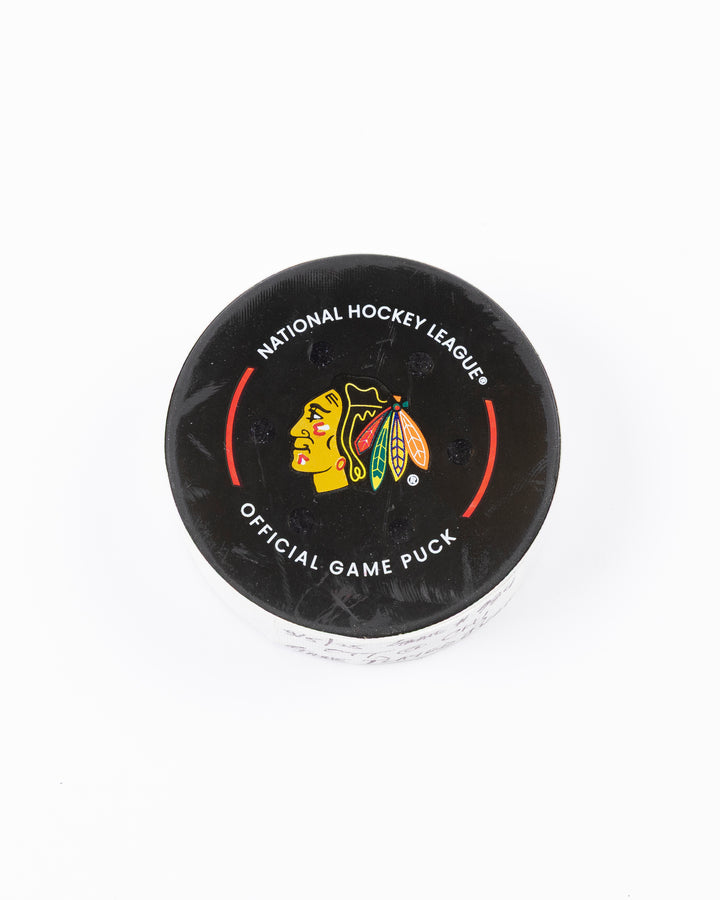 official Chicago Blackhawks game-used hockey puck against Ottawa Senators on March 5, 2025 - front lay flat