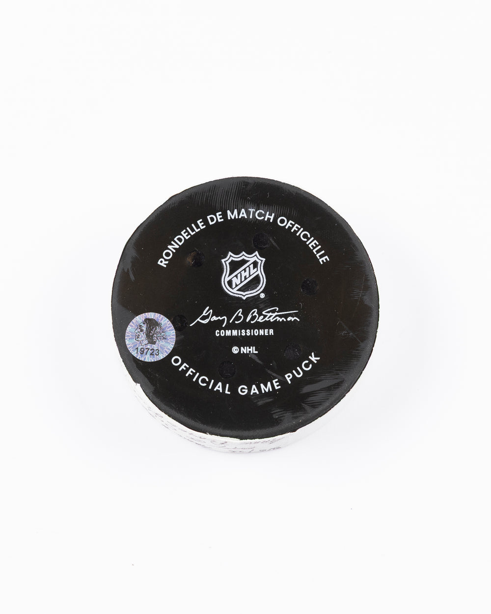 official Chicago Blackhawks game-used hockey puck against Ottawa Senators on March 5, 2025 - back lay flat