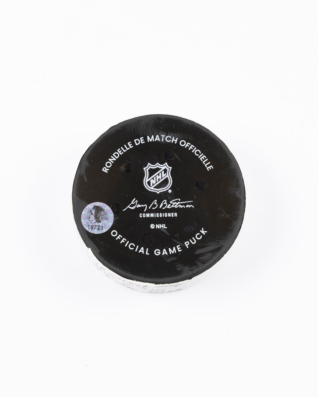 official Chicago Blackhawks game-used hockey puck against Ottawa Senators on March 5, 2025 - back lay flat