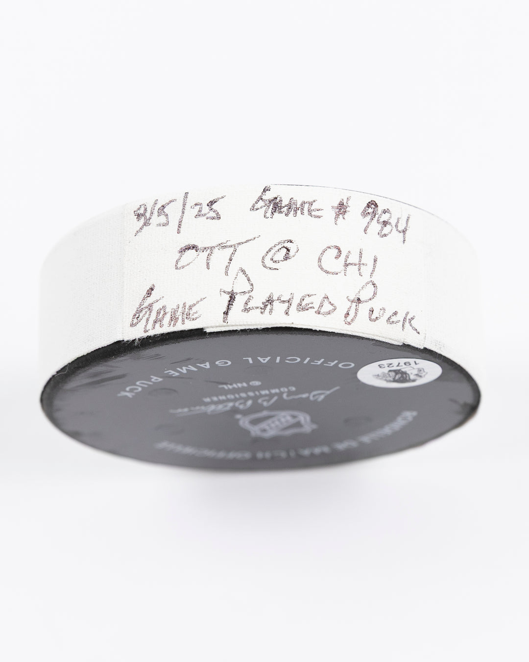 official Chicago Blackhawks game-used hockey puck against Ottawa Senators on March 5, 2025 - tape detail lay flat