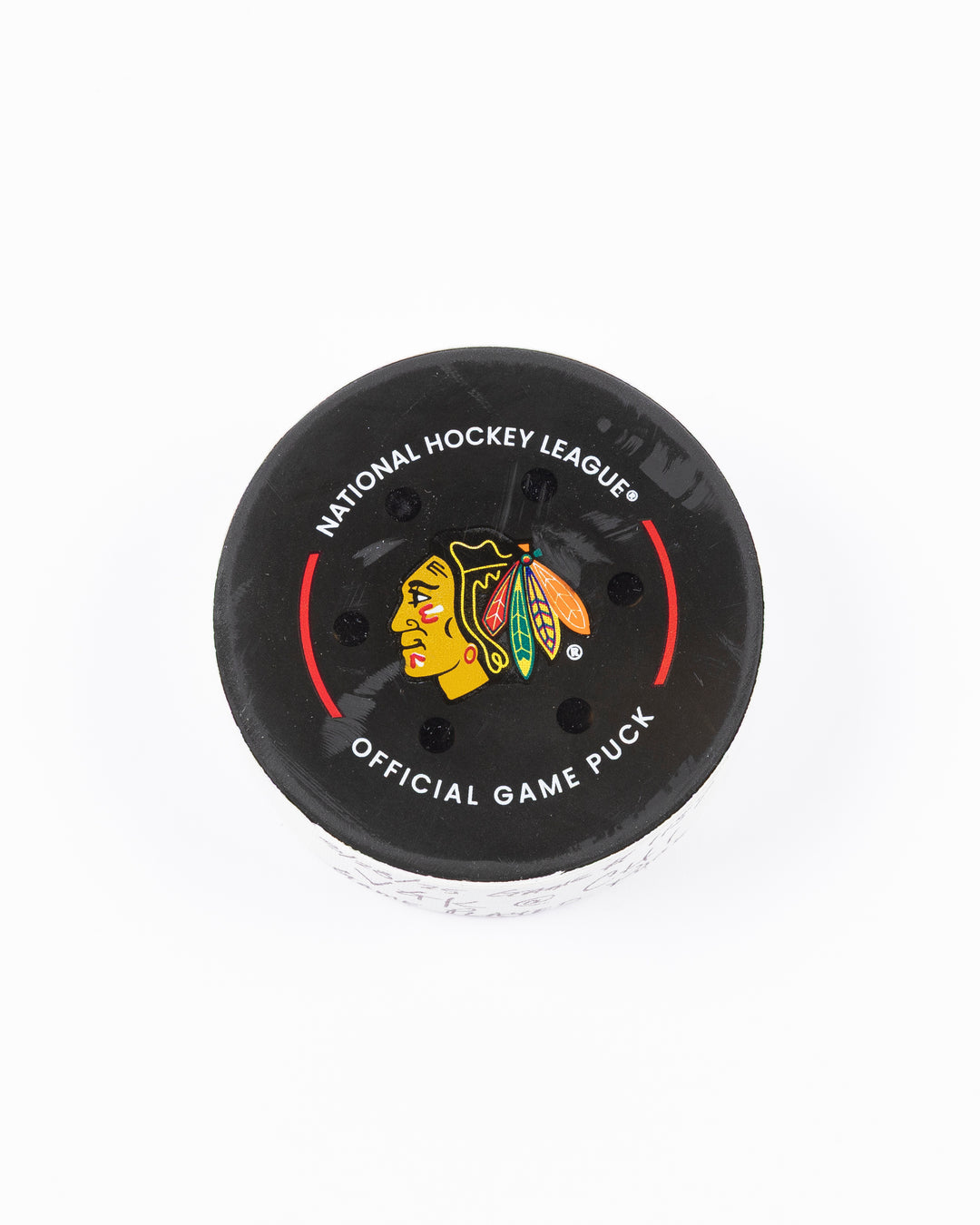 official Chicago Blackhawks hockey puck used in the game against the Vegas Golden Knights on 3/28/25 - front lay flat