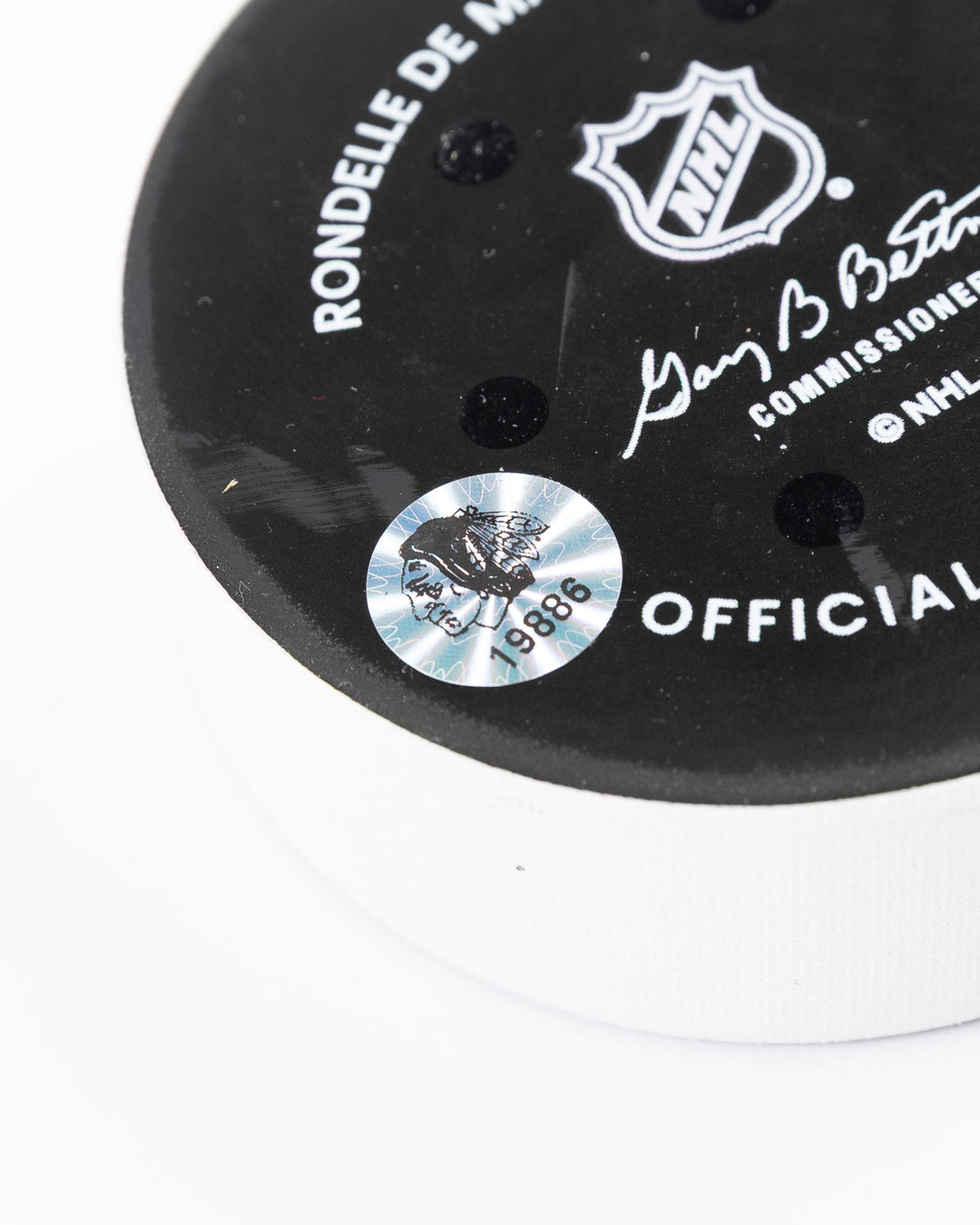official Chicago Blackhawks hockey puck used in the game against the Vegas Golden Knights on 3/28/25 - hologram sticker detail lay flat