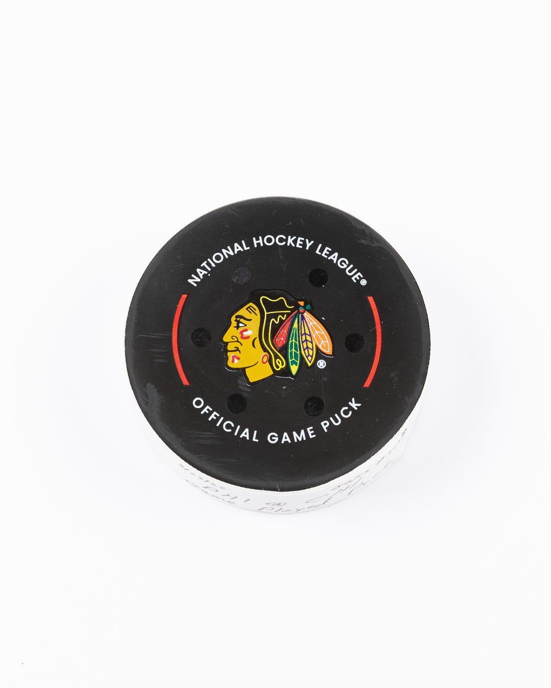 official Chicago Blackhawks hockey puck used in game against Philadelphia Flyers on 3/23/25 - front lay flat