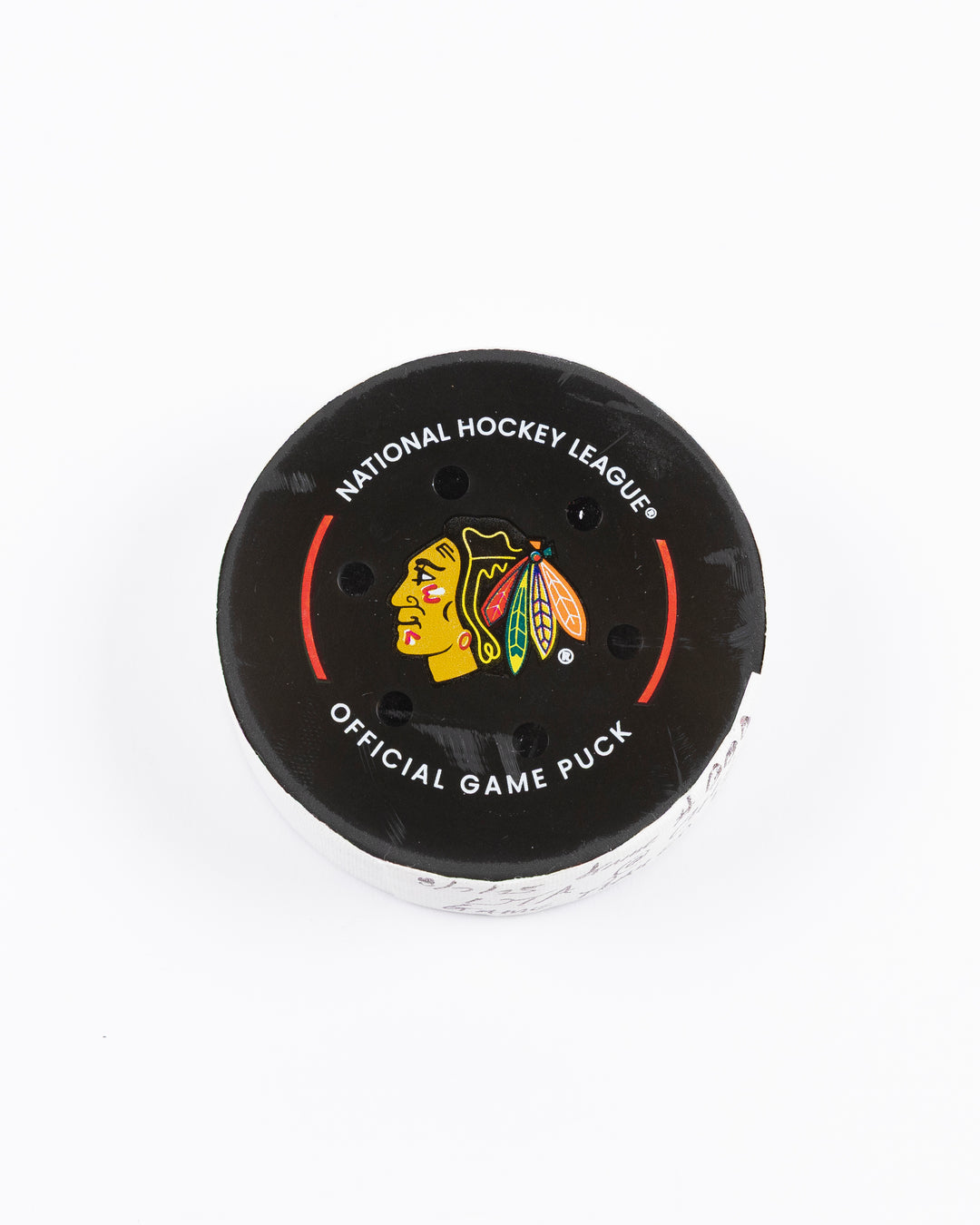 official Chicago Blackhawks hockey puck used in game against Utah Hockey Club on 3/7/25 - front lay flat