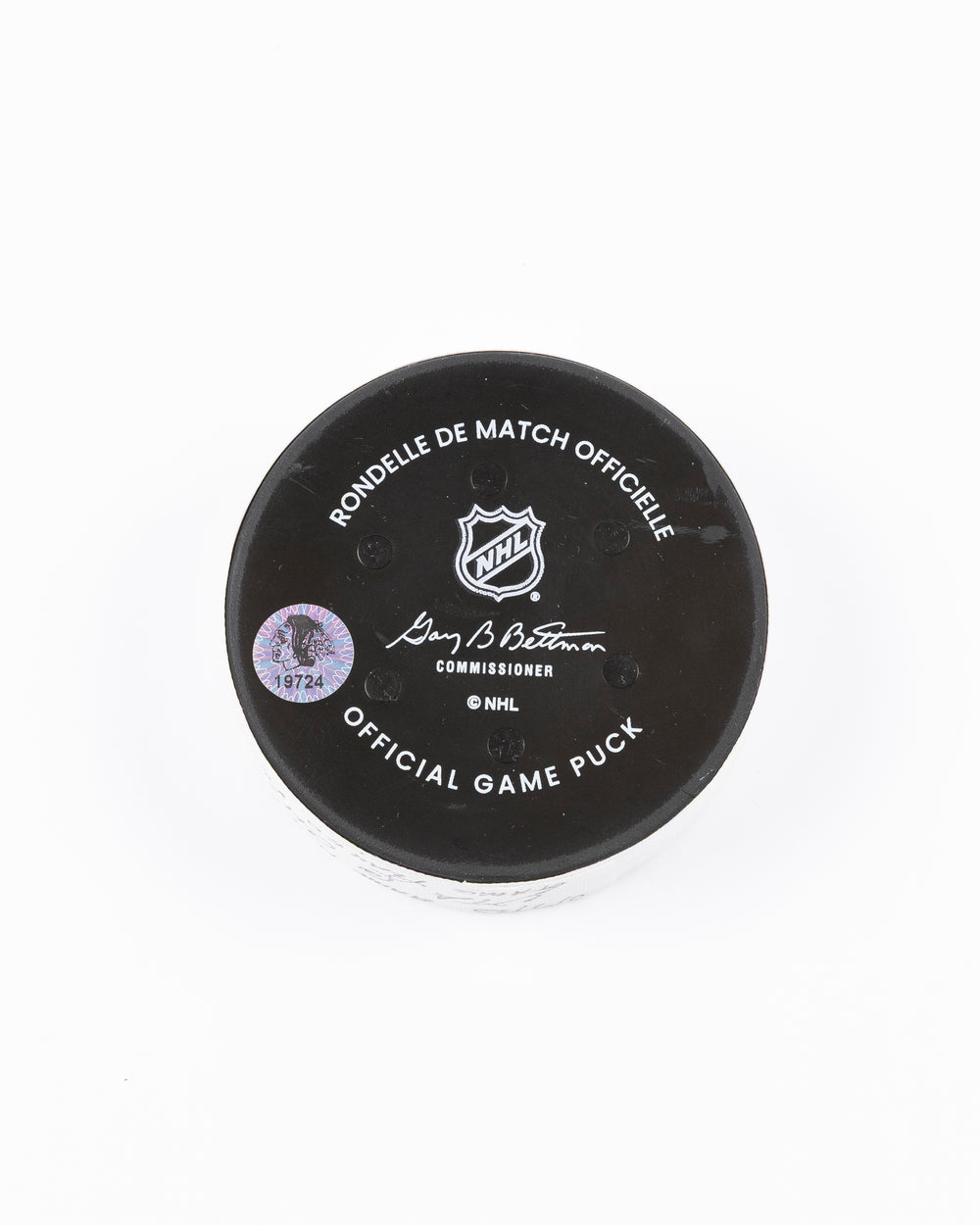 official Chicago Blackhawks hockey puck used in game against Utah Hockey Club on 3/7/25 - back lay flat