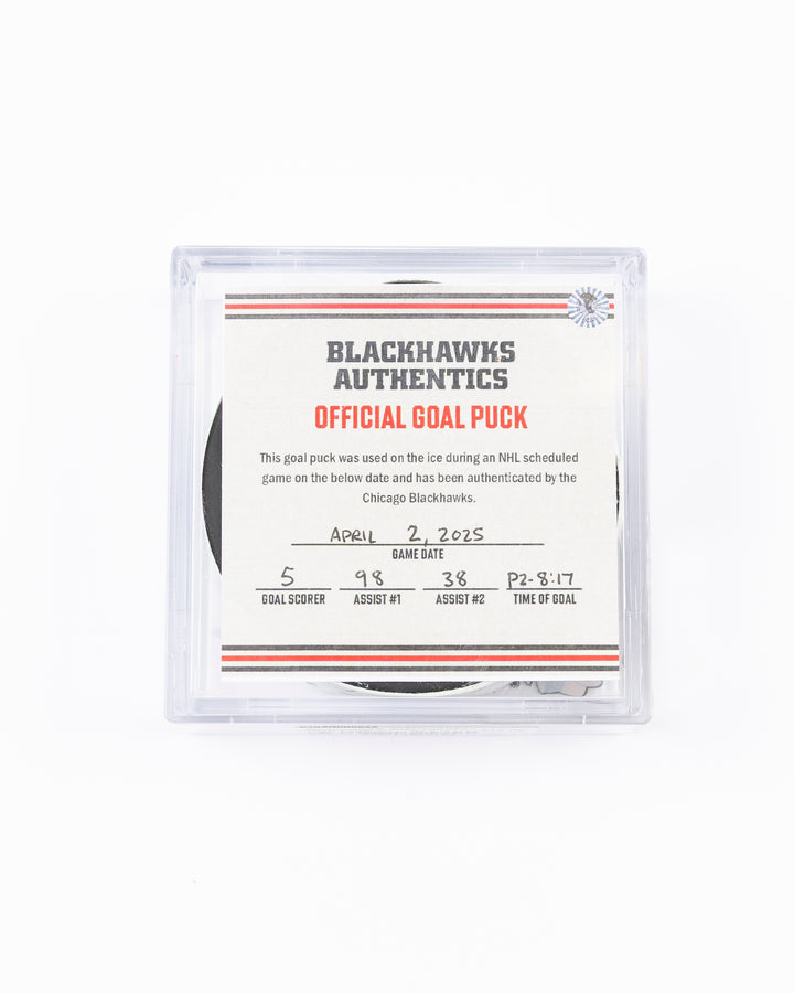 official hockey goal puck scored by Chicago Blackhawks player Connor Murphy  front lay flat in case with certificate
