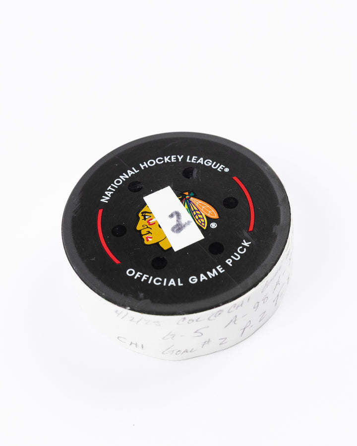 official hockey goal puck scored by Chicago Blackhawks player Connor Murphy  front angle  lay flat
