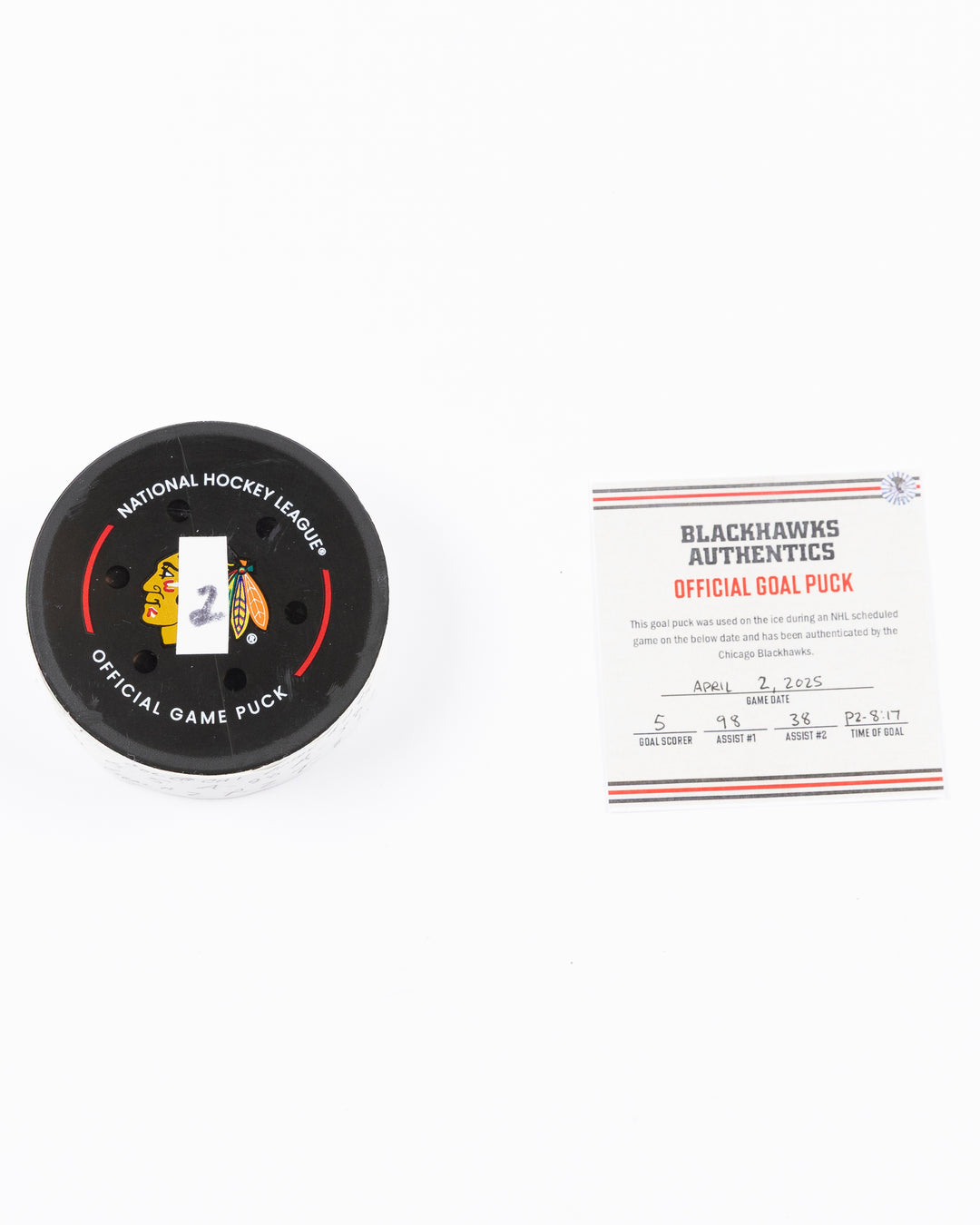 official hockey goal puck scored by Chicago Blackhawks player Connor Murphy  front lay flat puck and certificate