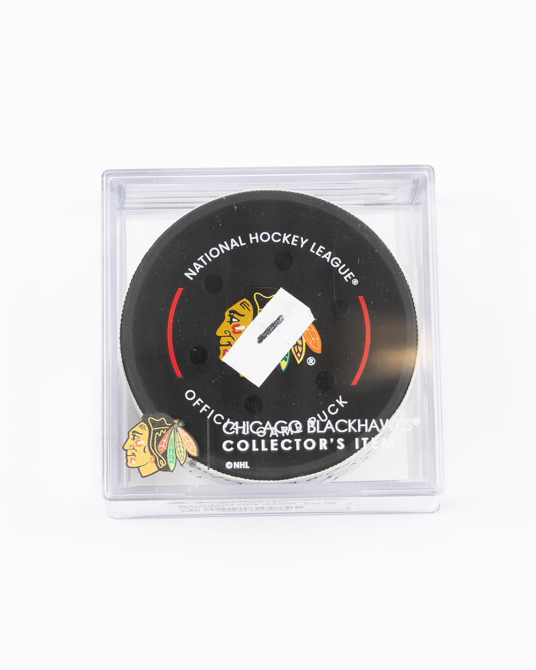 official hockey goal puck scored by Chicago Blackhawks player Joe Veleno on 3/28/25 - front lay flat in case