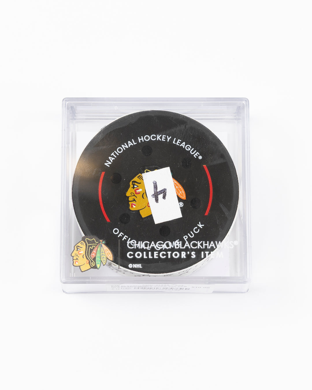 official hockey goal puck scored by Chicago Blackhawks player Ilya Mikheyev - front lay flat in case