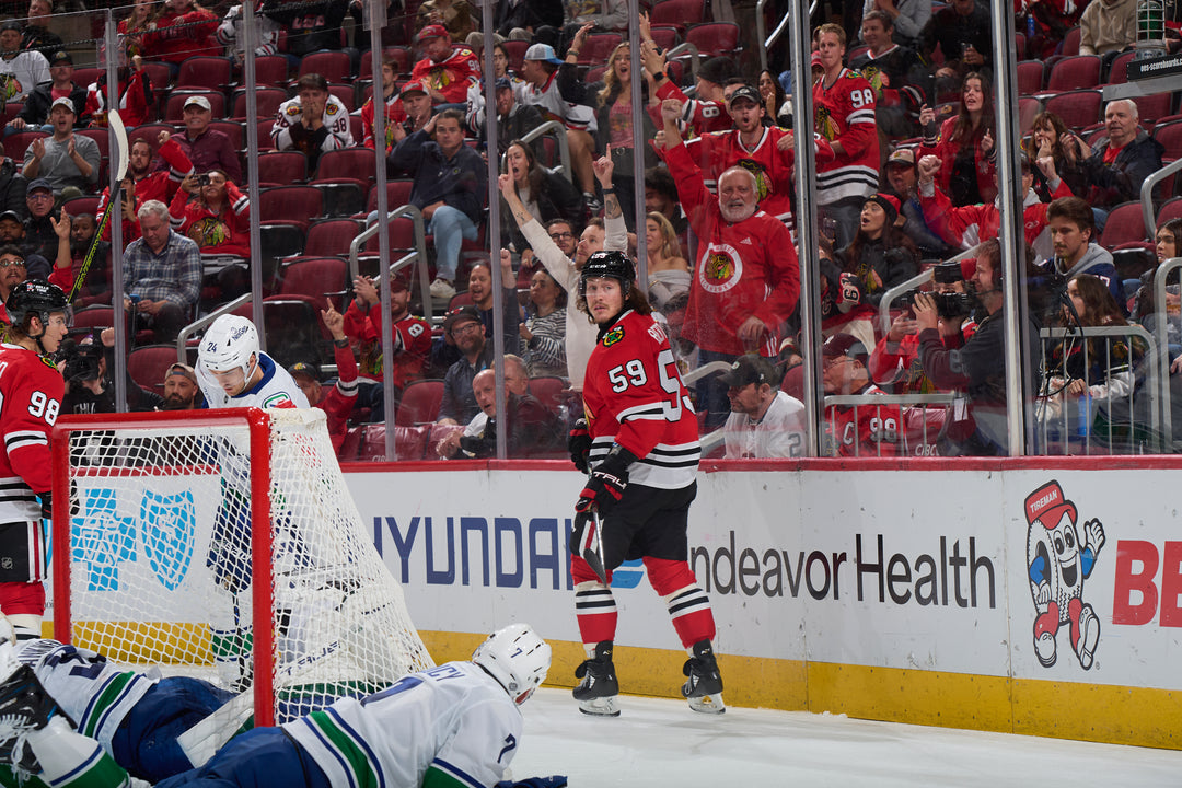 Tyler Bertuzzi scoring goal during Chicago Blackhawks game on October 22, 2024