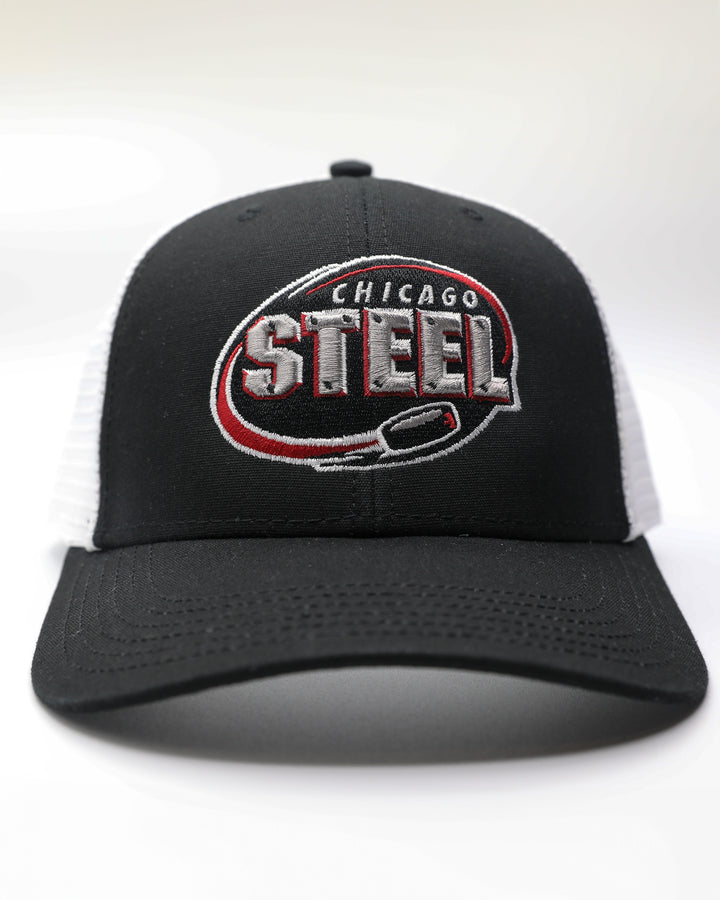 black and white adjustable trucker with embroidered Chicago Steel logo on front - front lay flat