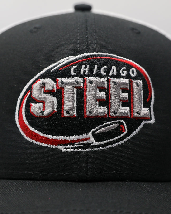 black and white adjustable trucker with embroidered Chicago Steel logo on front - front detail lay flat